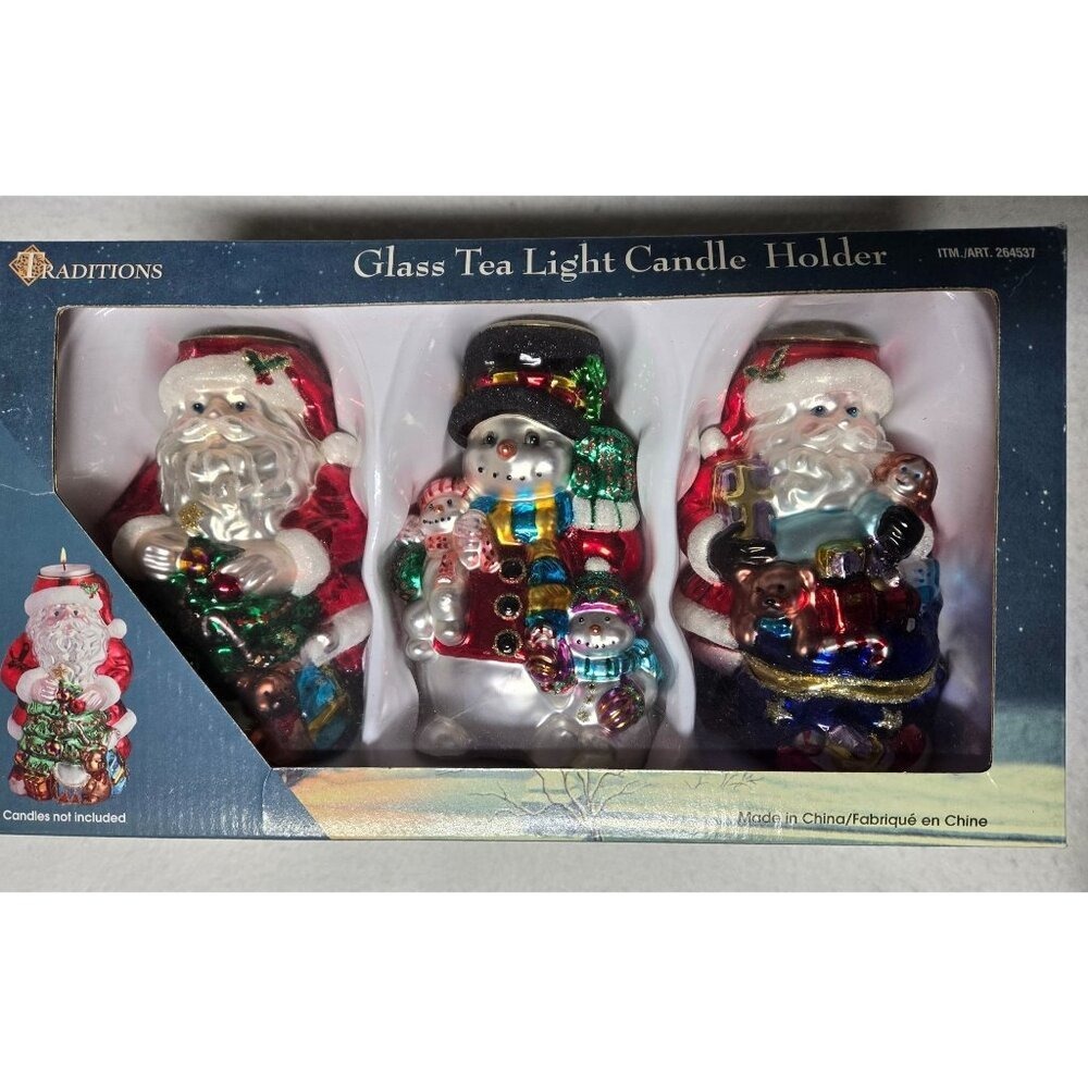 Traditions Glass Tea Light Candle Holders Set of 3‎ Santa Snowman Christmas